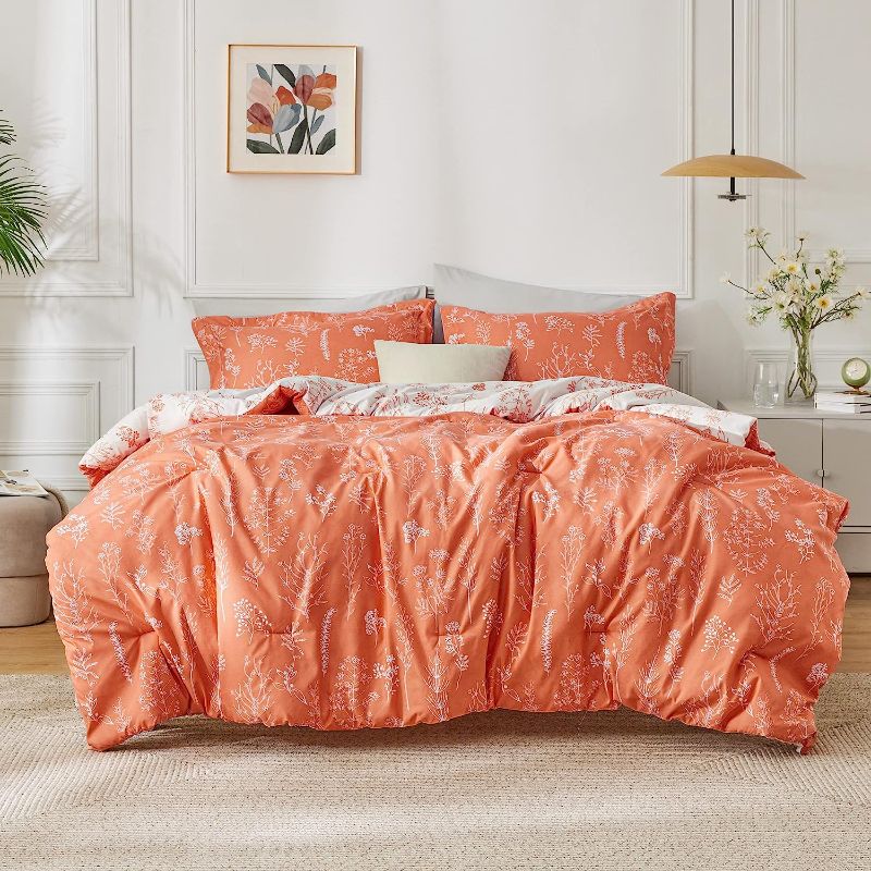 Photo 1 of Bedsure Queen Comforter Set - Coral Orange Comforter, Cute Floral Bedding Comforter Sets for Women, 3 Pieces, 1 Soft Reversible Botanical Flowers Spring Comforter
