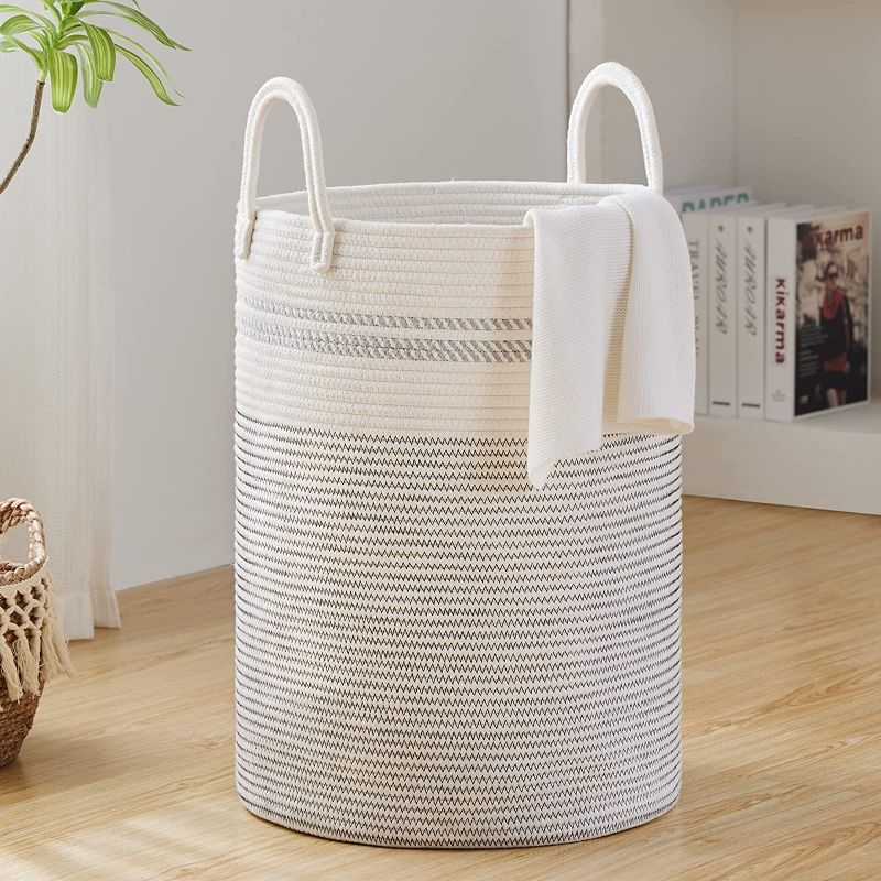 Photo 1 of 58L Woven Rope Laundry Hamper by Fiona's magic, Tall Boho Laundry Basket Storage, Large Baby Nursery Hamper for Blankets, Toys and Clothes Hamper for Bedroom and Living Room Organizing, Jute, White