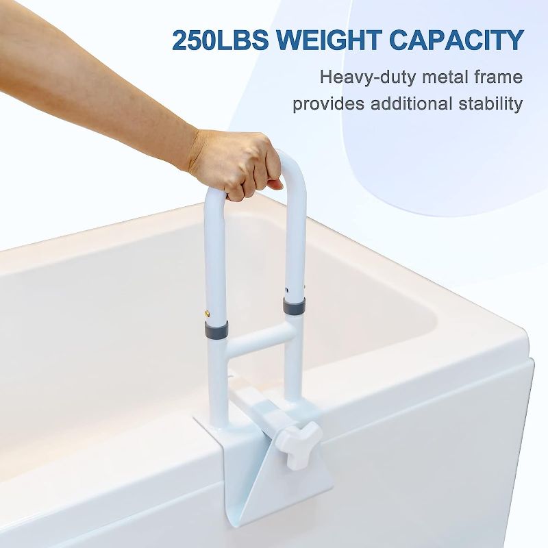 Photo 1 of Grab Bar is tool-free and width adjustable, designed to fit just about any style bathtub
