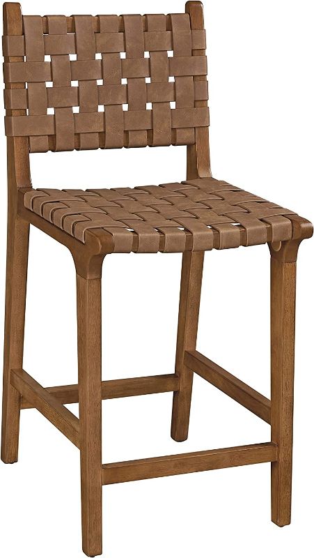 Photo 1 of Ball & Cast Kitchen Island Bar Stool Faux Leather Woven Counter Stool with Wood Frame, 24 inch Seat Height, Brown