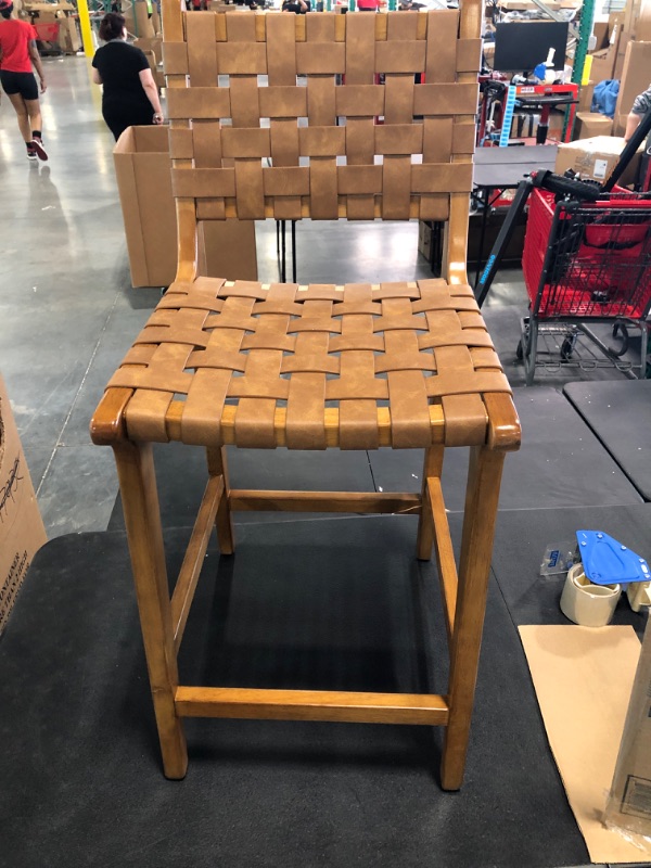 Photo 3 of Ball & Cast Kitchen Island Bar Stool Faux Leather Woven Counter Stool with Wood Frame, 24 inch Seat Height, Brown