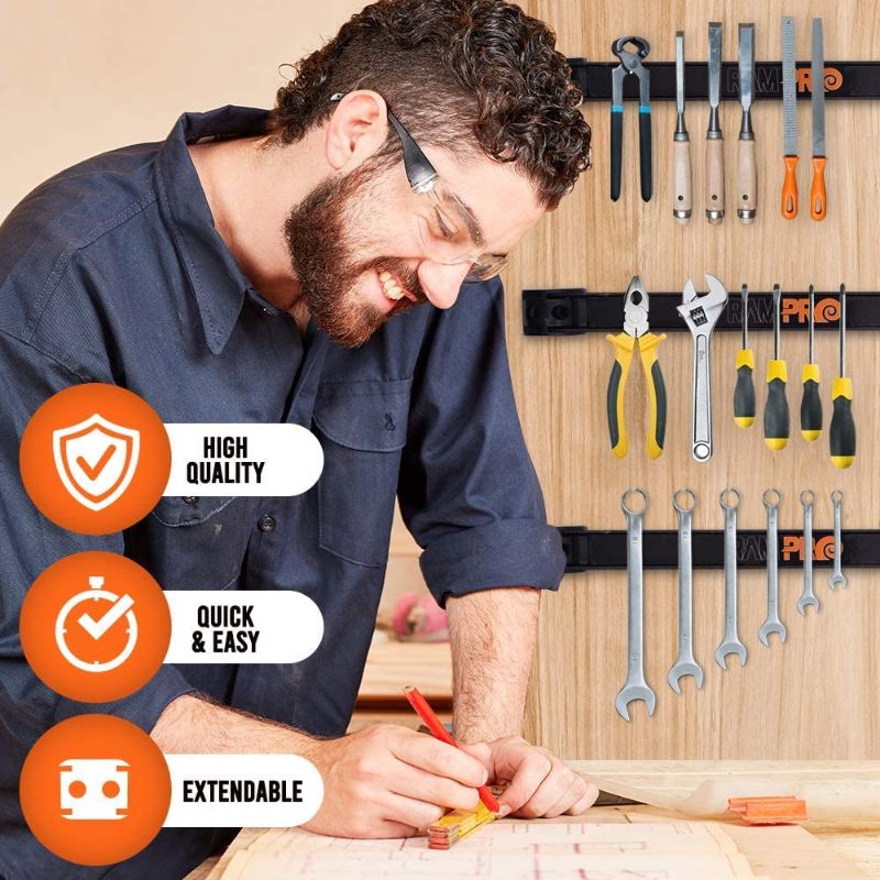 Photo 2 of 12" Magnetic Tool Holder Strip - A Tool Magnet Bar for Garage Organization, Shop Organization, and Workbench Accessories - Best Gift for Men - Easy To Install in Workshop - Mounting Screws Included. 4