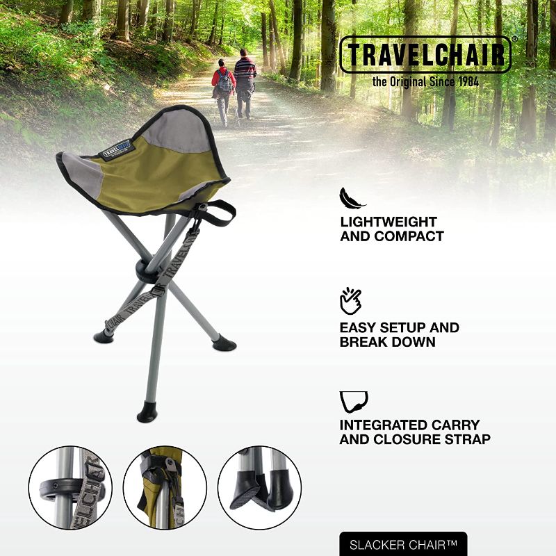 Photo 5 of ALPS Mountaineering Tri-Leg Stool - Rust & TravelChair Slacker Chair, Portable Tripod Chair for Outdoor Adventures, Green (1389VG)