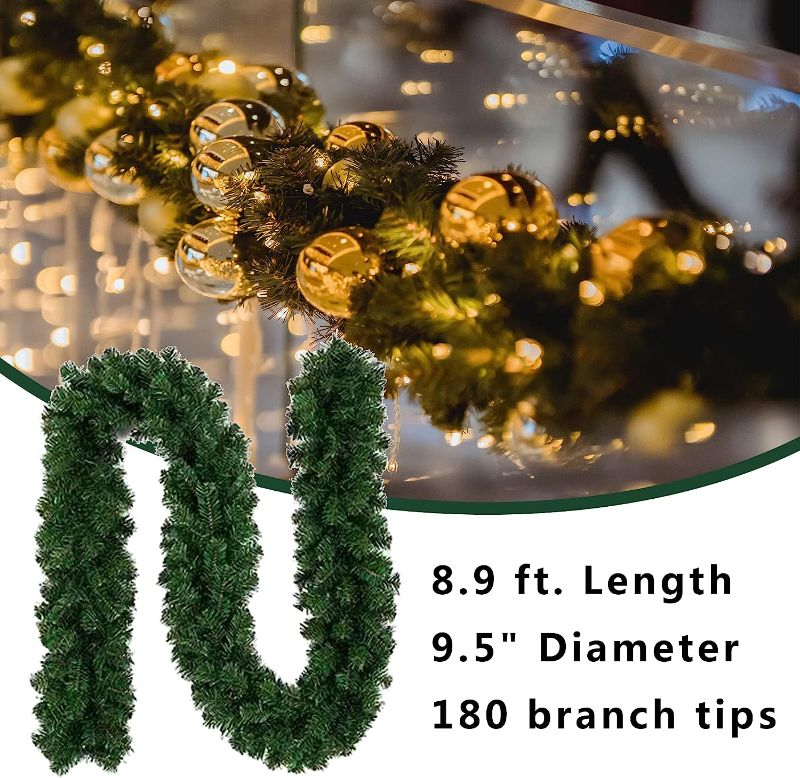 Photo 2 of 8.9FT Garland for Christmas Decorations, Non-Lit Soft Green Holiday Decorations for Outdoor or Indoor Use, Premium Quality Christmas Garland Home Garden, Wedding Party Decorations - 1Pack