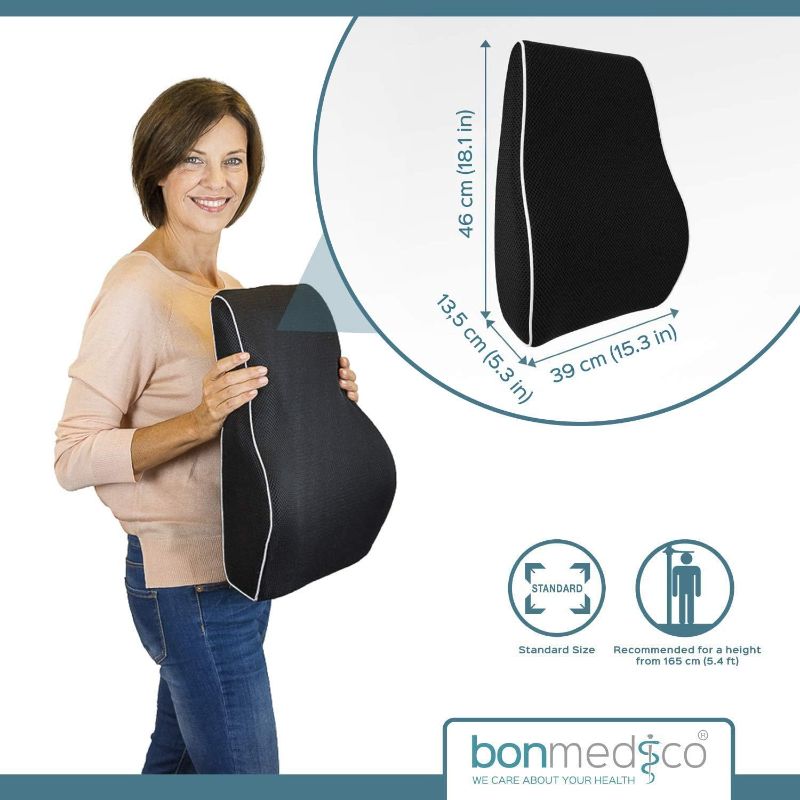 Photo 3 of bonmedico Back Support Pillow - Car Seat, Desk and Office Chair Cushion for Posture and Lumbar Support - Ergonomic, Memory Foam Lower Back Pillows - Black - Standard