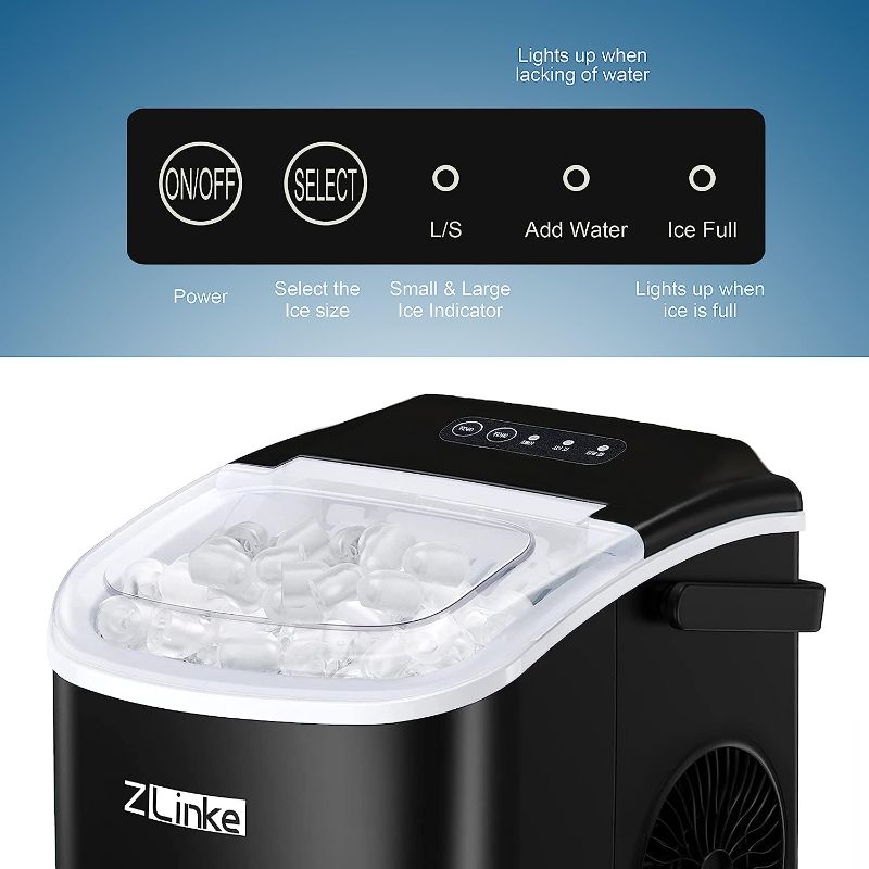 Photo 2 of Countertop Ice Maker, Ice Maker Machine 6 Mins 9 Bullet Ice, 26.5lbs/24Hrs, Portable Ice Maker Machine with Self-Cleaning, Ice Scoop, and Basket (Black)
