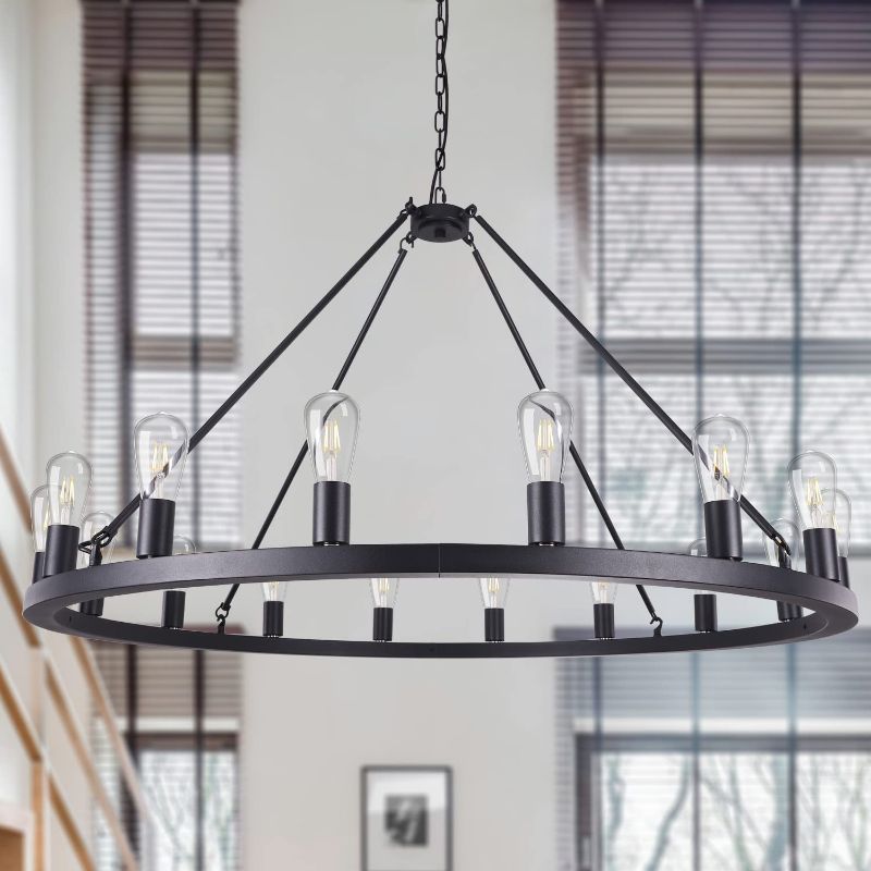 Photo 2 of Wellmet Matte Black Wagon Wheel Chandelier 16-Light Diam 47 inch, Farmhouse Rustic Industrial Country Style Extra Large Round Pendant Light Fixture for Dining Room, Living Room
