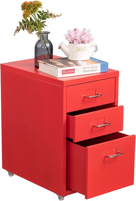 Photo 1 of Praktiban 3 Drawer Mobile File Cabinet, Metal Storage Cabinet With Casters, Red