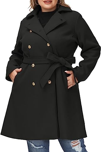 Photo 1 of Hanna Nikole Women's Plus Size Wool Dress Coat with Belt Double Breasted Pea Coats Mid-Long Trench Coat
