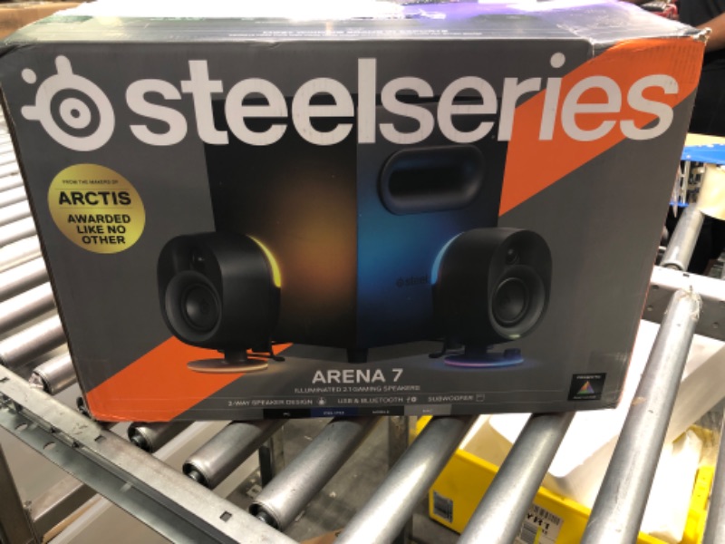 Photo 2 of SteelSeries Arena 7 Illuminated 2.1 Desktop Gaming Speakers – 2-Way Speaker Design – Powerful Bass, Subwoofer – RGB Lighting – USB, Aux, Optical, Wired – Bluetooth – PC, PlayStation, Mobile, Mac