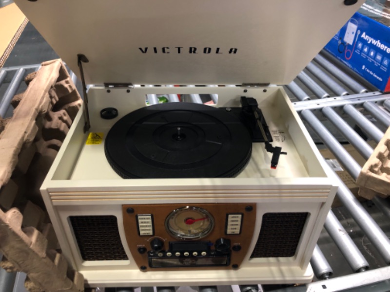 Photo 3 of Victrola 8-in-1 Bluetooth Record Player & Multimedia Center, Built-in Stereo Speakers - Turntable, Wireless Music Streaming, Real Wood | White White Entertainment Center