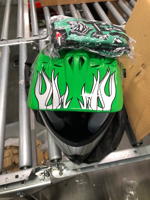 Photo 3 of TCT-MOTORPARTS Green Flame DOT Kids Youth Motocross Helmets ATV Off-Road Dirt Bike Motorcycle Full Face Helmet+Gloves+Goggles Large Green Flame Youth Large