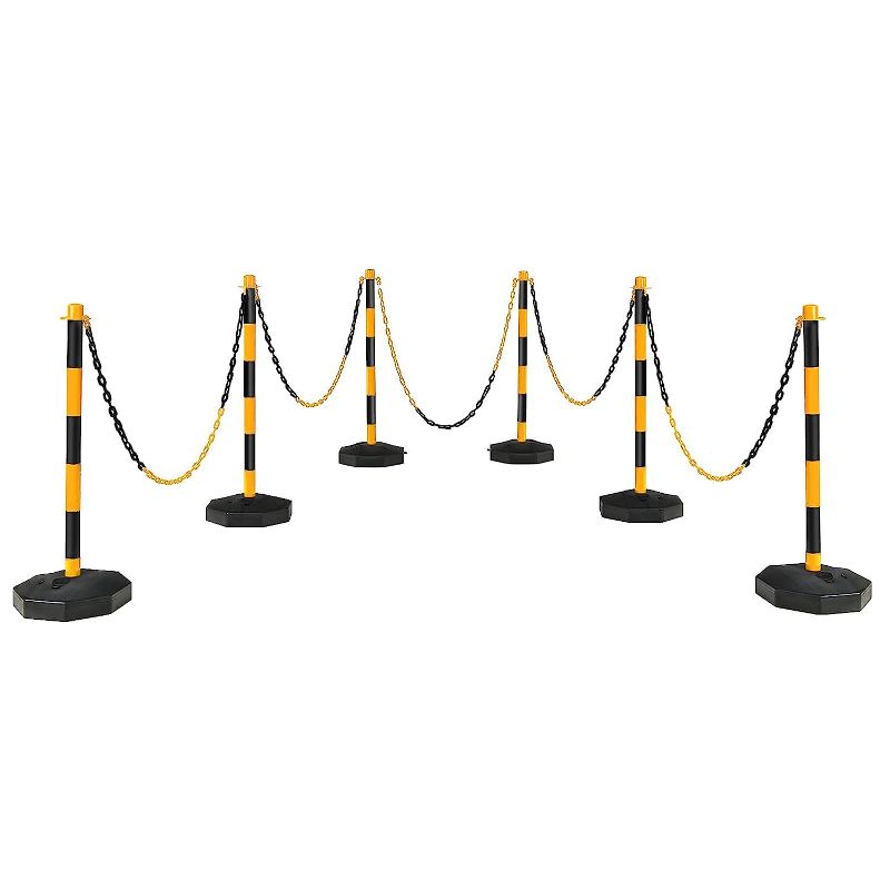 Photo 1 of  6 Pack Delineator Post Cone with Fillable Base, Traffic Cones Safety Cones for Parking Lot, Construction, Plastic Stanchion Chain Safety Barriers with 5Ft Link Chains (Black & Yellow)
