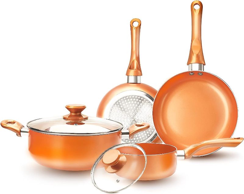 Photo 1 of 6-piece Nonstick Kitchen Cookware Set, Ceramic Coating Cooking Pot and Pans Set, Stock Pot/Milk Pot/Frying Pans Set, Copper Aluminum Pan with Lid, Induction/Gas Kitchenware Set