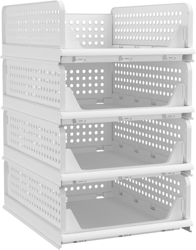 Photo 1 of Pinkpum Stackable Plastic Storage Basket-Foldable Closet Organizers and Storage Bins 4 Pack-Drawer Shelf Storage Container for Wardrobe Cupboard Kitchen Bathroom Office 4S
