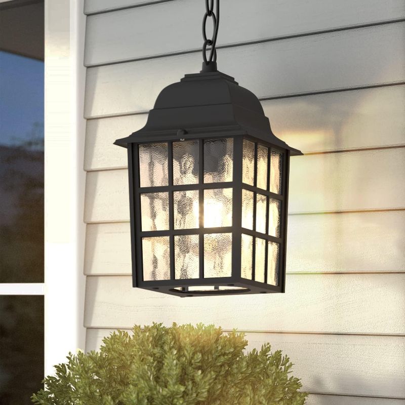 Photo 1 of Aoceley Outdoor Pendant Light, Exterior Ceiling Hanging Lantern Porch Light with Water Glass, Outdoor Hanging Lantern Light Black Exterior Pendant Lighting Fixture for Porch, Yard, Gazebo
