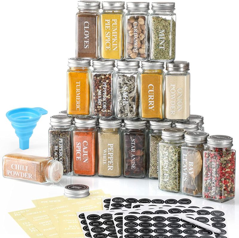 Photo 1 of 24 Pcs Glass Spice Jars with Labels - 4oz Empty Square Spice Bottles Containers, Condiment Pot - Shaker Lids and Airtight Metal Caps - Silicone Collapsible Funnel Included