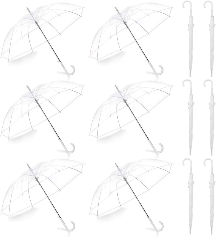 Photo 1 of Liberty Imports Pack of 12 Wedding Style Stick Umbrellas 46" Large Canopy Windproof Auto Open J Hook Handle in Bulk (Crystal Clear)
