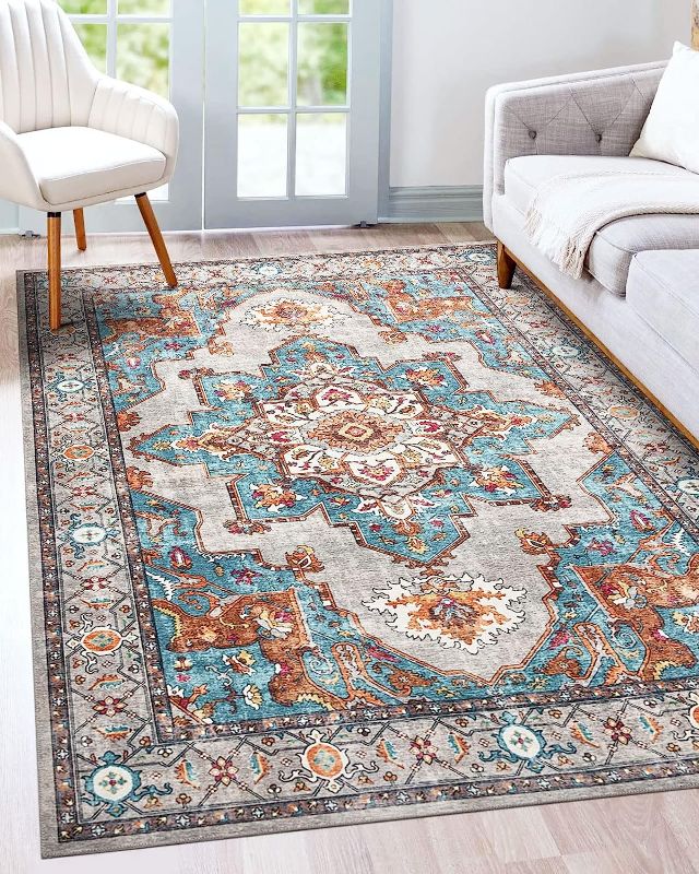 Photo 1 of Area Rug Living Room Rugs: Washable Carpet Boho Oriental Persian Distressed Bohemian Non-Slip Area Rugs for Dining Room Farmhouse Bedroom Office Home Decor Grey/Teal