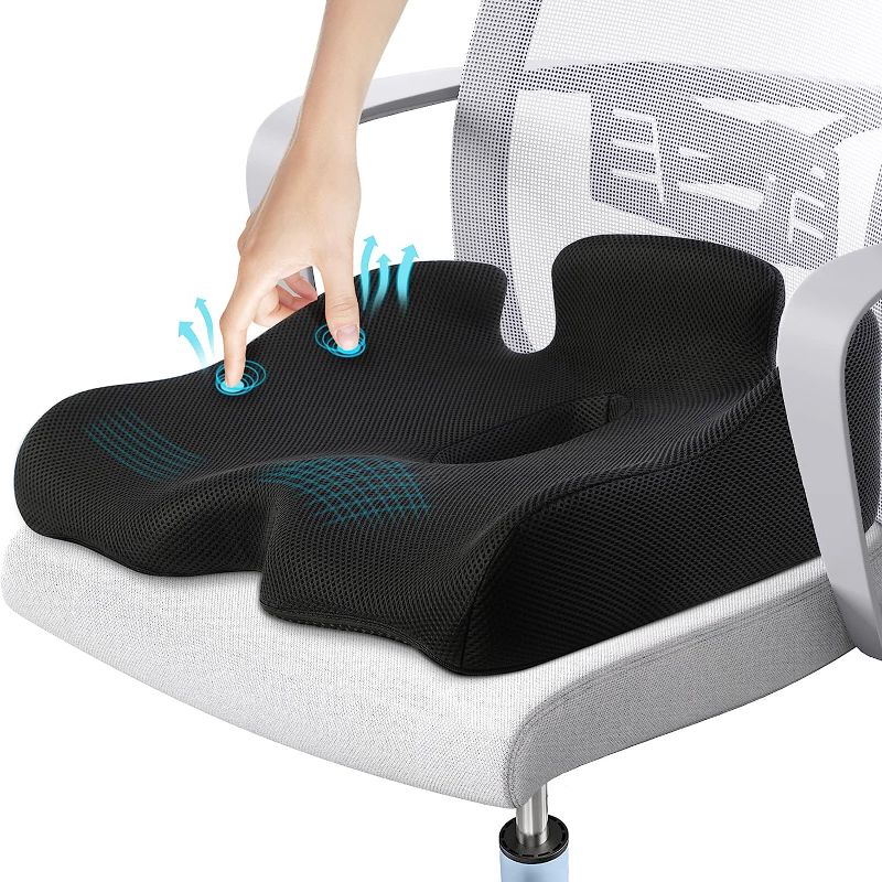 Photo 1 of X Large Memory Seat Cushion for Office Chair Pressure Relief Sciatica & Tailbone Pain Relief Memory Foam Firm Coccyx Pad for Long Sitting, for Office Chair, Gaming Chair and Car Seat Upgrade