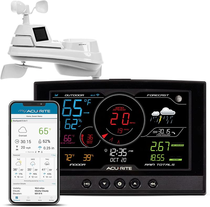 Photo 1 of AcuRite Iris (5-in-1) Weather Station Display, Remote Monitoring of Temperature, Humidity, and Wind Speed/Direction (01544M) Wi-Fi Connection for Home (01544), Black
