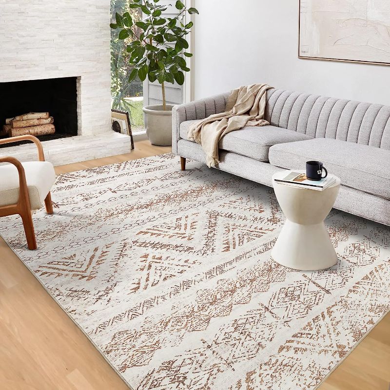 Photo 1 of Area Rug Living Room Carpet: 8x10 Large Moroccan Soft Fluffy Geometric Washable Bedroom Rugs Dining Room Home Office Nursery Low Pile Decor Under Kitchen Table Light Brown/Ivory
