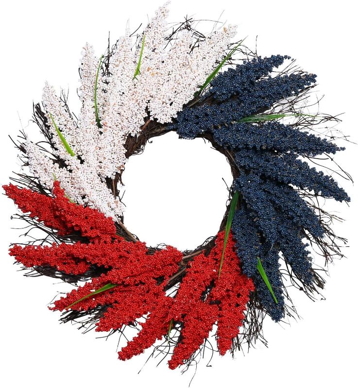 Photo 1 of 4th of July Wreath Patriotic Wreath for Front Door, 20" Red White Blue Artificial Floral Twig Wreath, Independence Day Decoration Memorial Day Veterans Day Hanging Wreath Decor for Wall (#01_16")