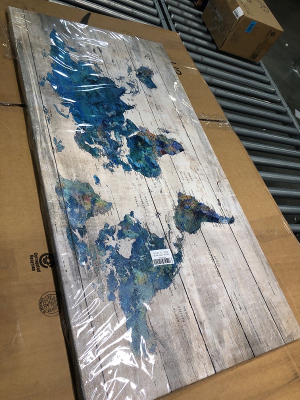 Photo 1 of Abstract Watercolor Blue World Map Canvas Wall Art Prints for Living Room Office Large Teal White Watercolor World Map Picture Framed Artwork Decor for Home Bedroom Decoration 48X24 Greed