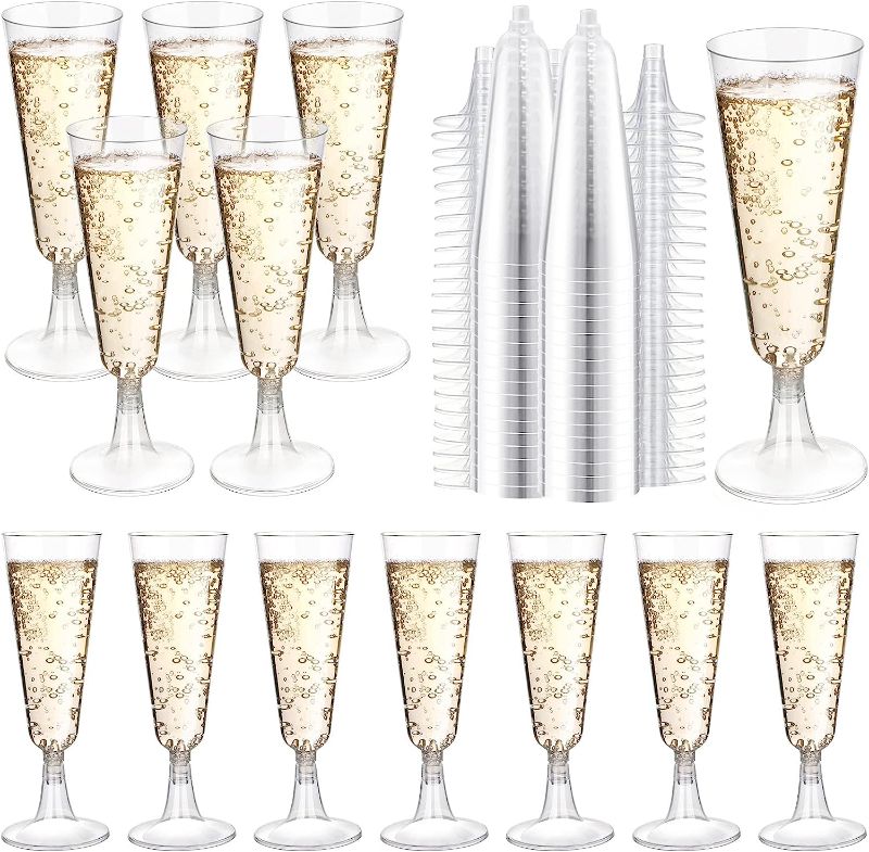 Photo 1 of Champagne Flutes, 5.5 Oz Clear Plastic Champagne Flutes, Champagne Glasses, Disposable Toasting Glasses Crystal Plastic Wine Glasses for Wedding Flutes Party Drinking Cocktail Cups 100+ cups