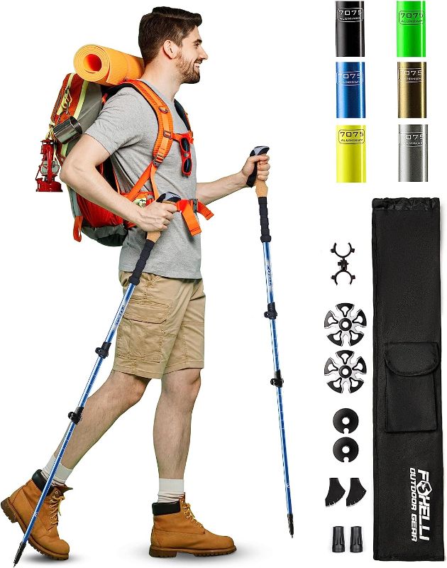 Photo 1 of 2-pc Pack Collapsible Lightweight Hiking Poles, Strong Aircraft Aluminum Adjustable Walking Sticks with Natural Cork Grips and 4 Season All Terrain Accessories