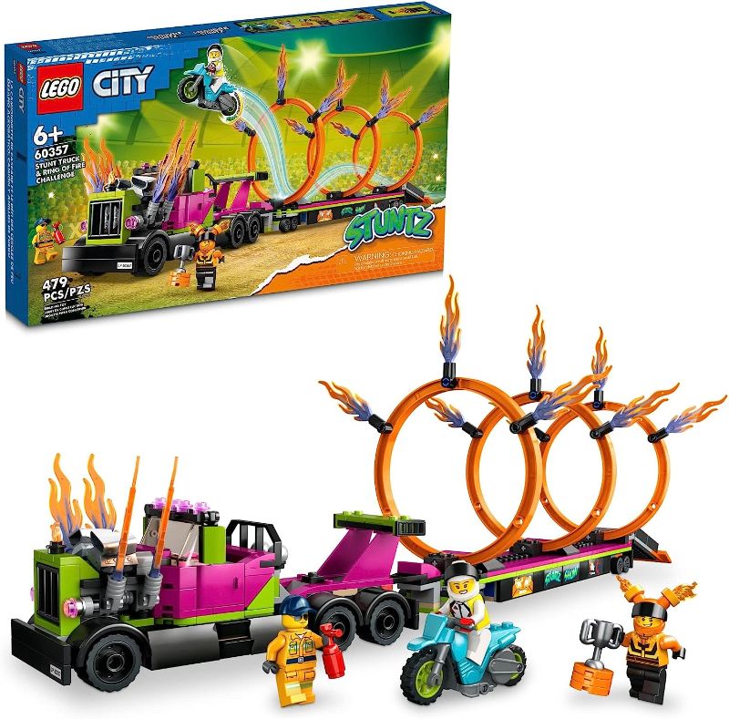 Photo 1 of LEGO City Stuntz Stunt Truck & Ring of Fire Challenge 60357 with Flywheel-Powered Motorcycle Toy and Minifigures, Fun Gift for Kids Ages 6 Plus, 2023 Set Frustration-Free Packaging