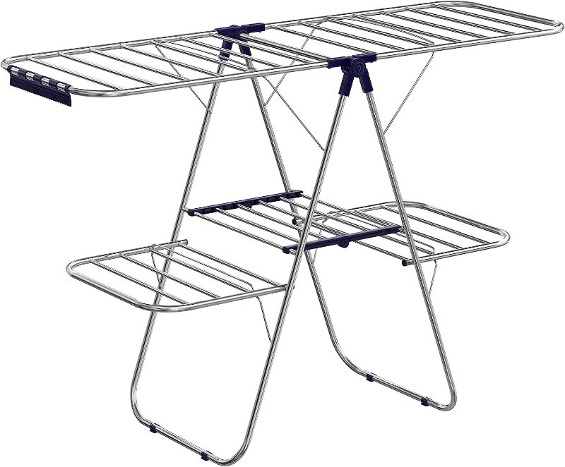 Photo 1 of  Clothes Drying Rack, Foldable 2-Level Laundry Drying Rack, Free-Standing Large Drying Rack, with Height-Adjustable Wings, 33 Drying Rails, Sock Clips, Silver and Blue ULLR53BU