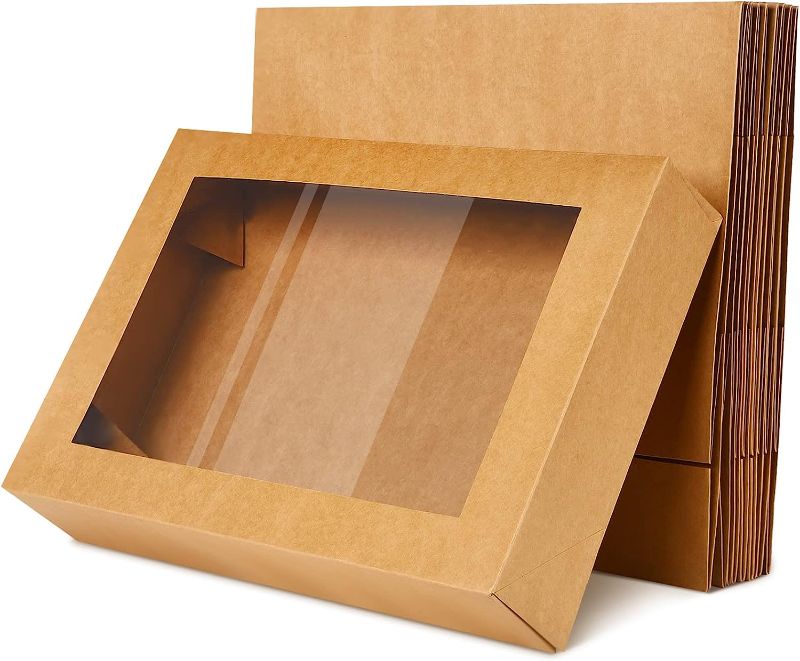 Photo 1 of Box Paperboard Window Bakery Box Large Pastry Baking Rectangle Cardboard Treat Boxes with Window Bakery Take out Containers for Cookie Cupcake Pie 19 x 14 x 4 Inch (Brown,10 Pack)