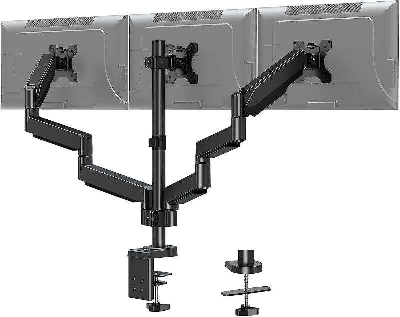 Photo 1 of MOUNT PRO Triple Monitor Desk Mount - Articulating Gas Spring Monitor Arm, Removable VESA Mount Desk Stand with Clamp and Grommet Base - Fits 13 to 27 Inch LCD Computer Monitors, VESA 75x75, 100x100