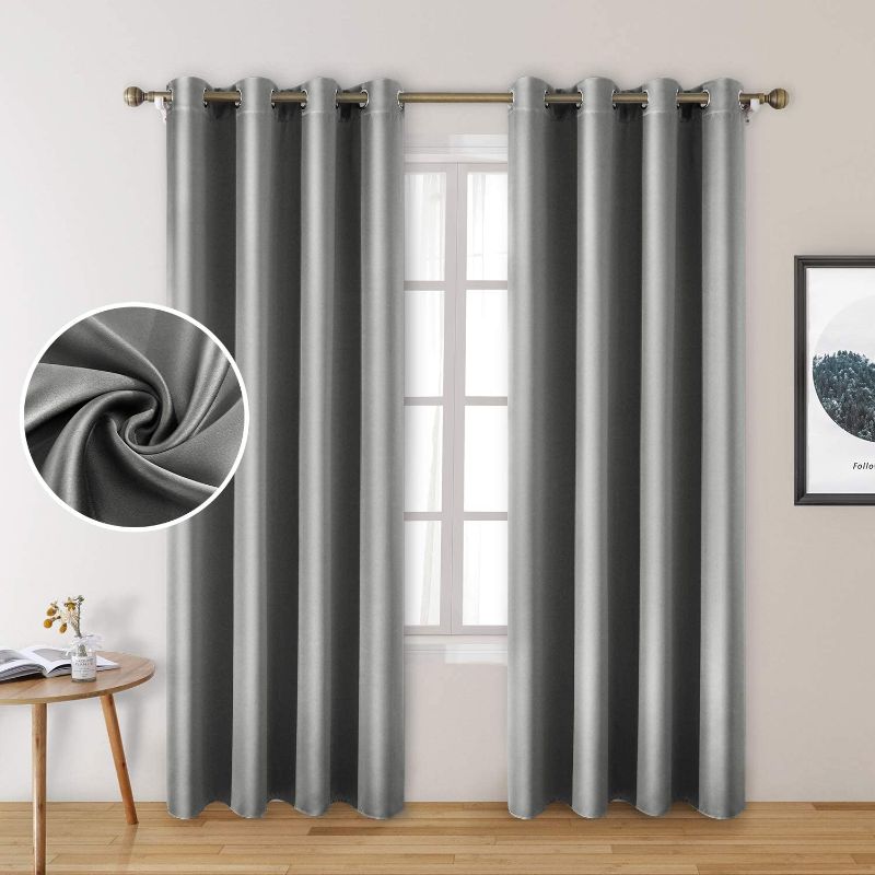 Photo 1 of  2 Panels Silver Grey Faux Silk Curtains Gray Blackout Curtains for Bedroom 52 X 84 Inch Room Darkening Satin Drapes/Curtains, Thermal Insulated Blackout Window Curtains for Living Room