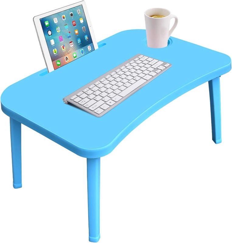 Photo 1 of Folding Laptop Bed Tray Table, Large Painting Table with Phone Tablet Holder and Cup Holder, Hmfur Portable Standing Table with Foldable Legs for Bed Sofa Couch-Blue