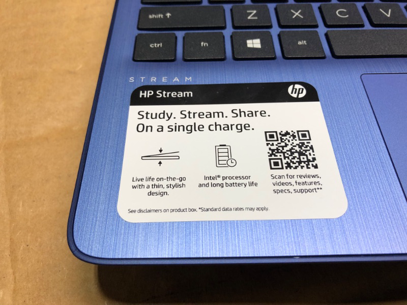 Photo 4 of hp stream blue laptop sn#: 5cd1396f24 model#: rtl8822ce
 HP Stream 14in laptop, Intel Celeron N4020 Dual-Core Processor, 