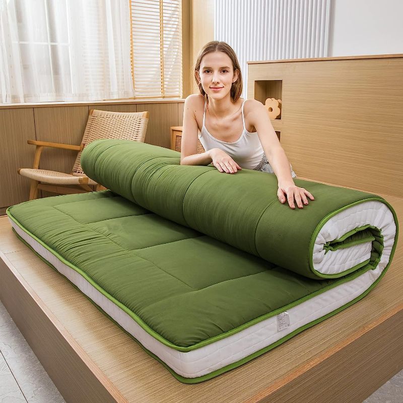 Photo 7 of MAXYOYO Futon Mattress, Padded Japanese Floor Mattress Quilted Bed Mattress Topper, Extra Thick Folding Sleeping Pad Breathable Floor Lounger Guest Bed for Camping Couch, Green, twin Green