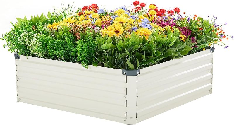 Photo 1 of zizin Large Raised Garden Bed Kit Square 4ft Outdoor Rustproof Bottomless Metal Planter Box for Vegetables Flower Herb, Beige