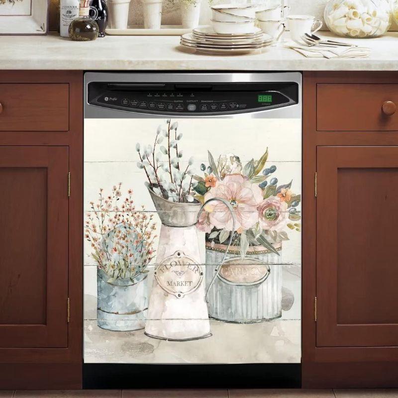 Photo 1 of WOWFEEL Farm Flower Market Dishwasher Magnet Cover for The Front Door, Vase Floral Art Kitchen Decorative Magnet Refrigerator Cover, Farmhouse Flowers Magnetic Dishwasher Decal, 23" x 26" Magnetic