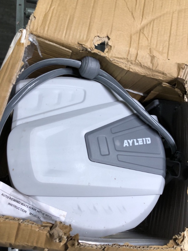 Photo 1 of Ayleid Retractable Garden Hose Reel,3/5 in x 65 ft Wall Mounted Hose Reel, with 9- Function Sprayer Nozzle, Any Length Lock/Slow Return System/Wall Mounted/180°Swivel Bracket (Grey) 65FT A-gray
may missing parts
