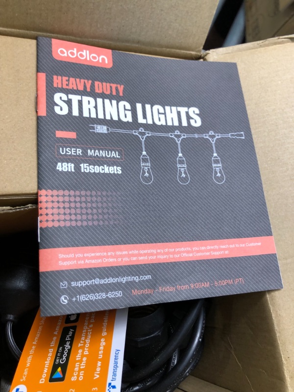 Photo 1 of addlon 48 FT Outdoor String Lights Commercial Grade Weatherproof Strand, 18 Edison Vintage Bulbs(3 Spare), 15 Hanging Sockets, ETL Listed Heavy-Duty Decorative Christmas Lights for Patio Garden 48FT Black
