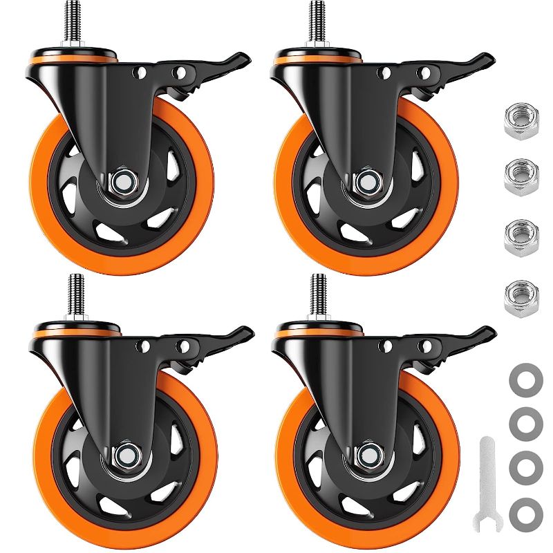 Photo 1 of 4 Inch Caster Wheels 2200Lbs, Threaded Stem Casters Set of 4 Heavy Duty, 1/2"-13 x 1" (Screw Diameter 1/2", Stem Length 1"), Safety Dual Locking Industrial Castors, Wheels for Cart, Furniture