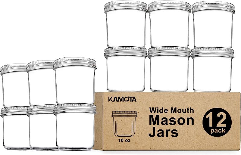 Photo 1 of 
Wide Mouth Mason Jars 10 OZ, KAMOTA 10 OZ Mason Jars Canning Jars Jelly Jars With Wide Mouth Lids and Bands, Ideal for Jam, Honey, Wedding Favors, Shower Favors, Baby Foods, 12 PACK