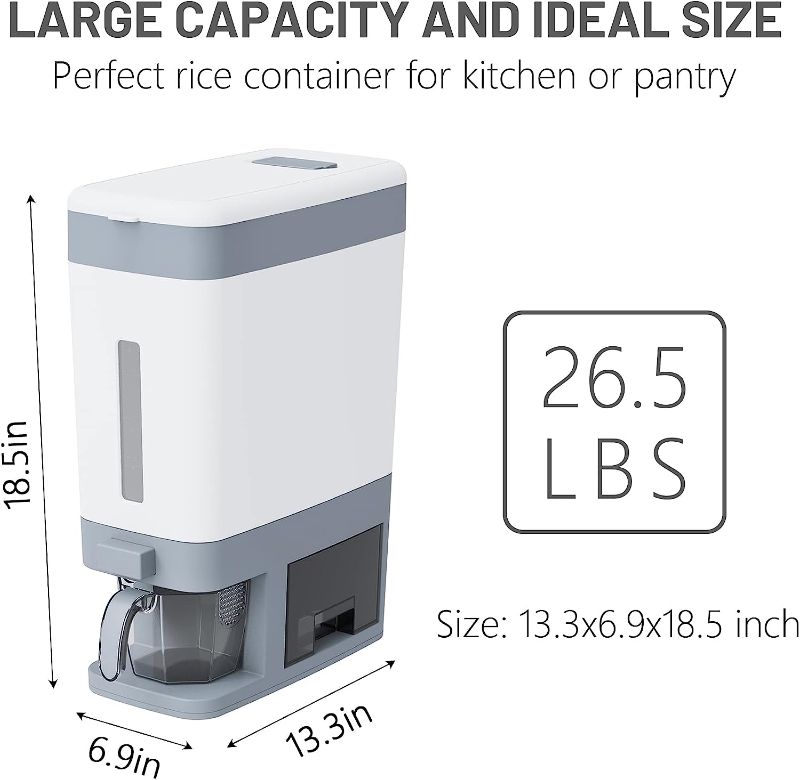 Photo 1 of 26.5 Lbs Rice Dispenser Large Sealed Grain Container Storage with Mesuring Cup, Airtight Design Food Dispenser, Kitchen Orgainzation Pantry Strore for Dry Food
