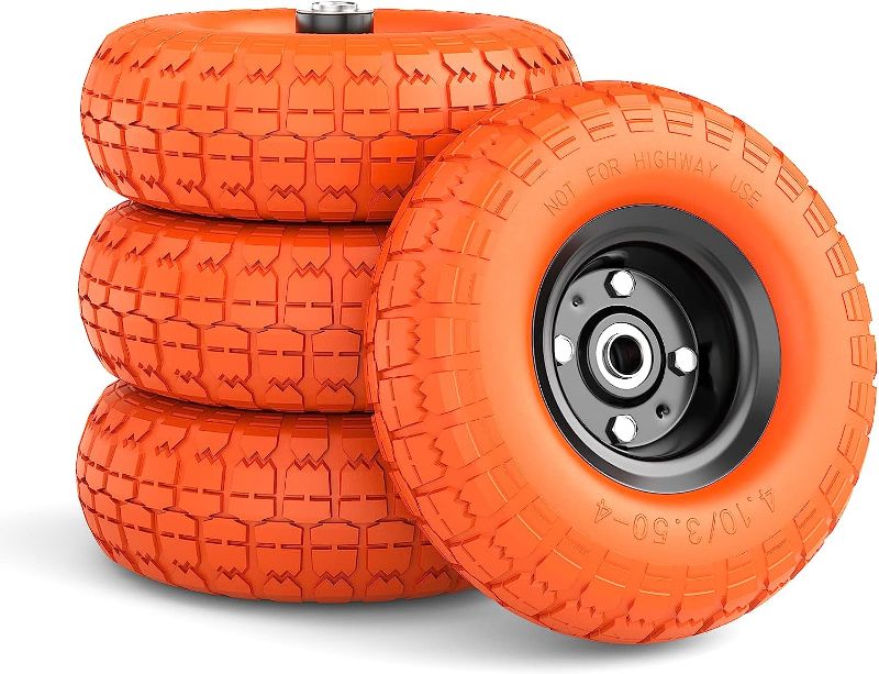 Photo 1 of 4.10 3.50-4 Tire and Wheel, 10 Inch Flat Free Tires 4 Pack with 5/8” Axle Bore Hole and Double Sealed Bearings, for Gorilla Cart Wheels/Dolly Tires/Hand Truck Tires/Dump Cart