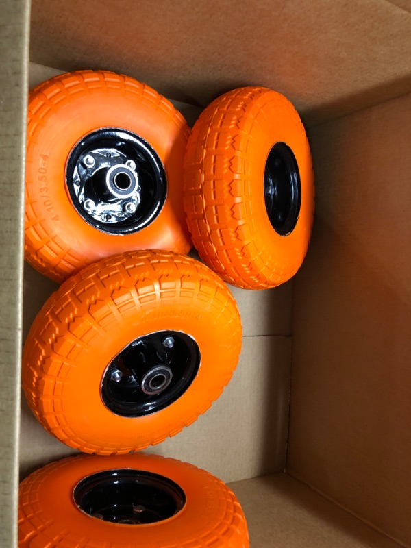 Photo 2 of 4.10 3.50-4 Tire and Wheel, 10 Inch Flat Free Tires 4 Pack with 5/8” Axle Bore Hole and Double Sealed Bearings, for Gorilla Cart Wheels/Dolly Tires/Hand Truck Tires/Dump Cart