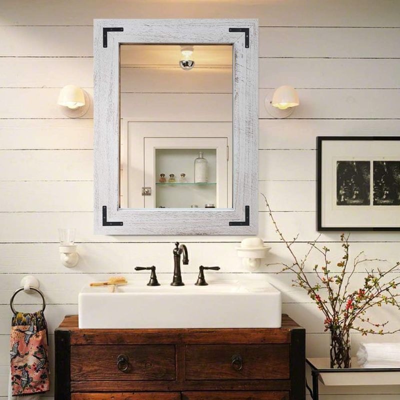 Photo 1 of YOSHOOT Rustic Wooden Framed Wall Mirror, Natural Wood Bathroom Vanity Mirror for Farmhouse Decor, Vertical or Horizontal Hanging, 32" x 24",White Grey 32" x 24" White Grey1020517002

