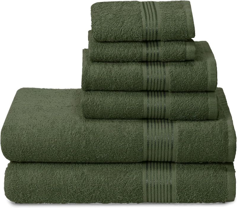 Photo 1 of  Ultra Soft 6 Pack Cotton Towel Set, Contains 2 Bath Towels 28x55 inch, 2 Hand Towels 16x24 inch & 2 Wash Coths 12x12 inch, Ideal Everyday use, Compact & Lightweight - Olive Green