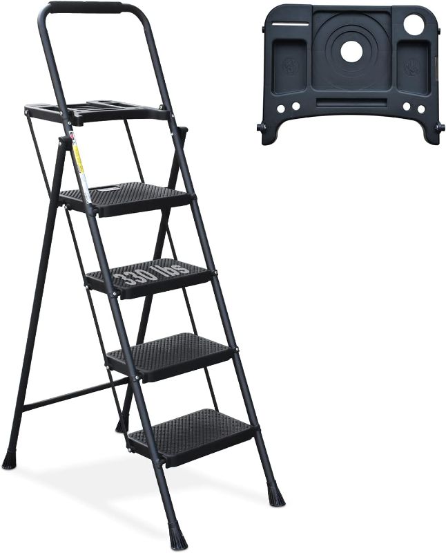 Photo 1 of 4 Step Ladder, HBTower Folding Step Stool with Tool Platform, Wide Anti-Slip Pedal, Sturdy Steel Ladder, Convenient Handgrip, Lightweight 330lbs Portable Steel Step Stool, Black
